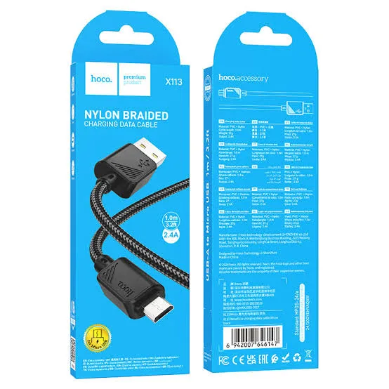 Кабель USB - MicroUSB Hoco X113 (2.4A, оплетка нейлон) Черный