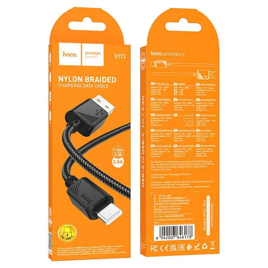 Кабель USB - Type-C Hoco X113 (3А, оплетка нейлон) Черный