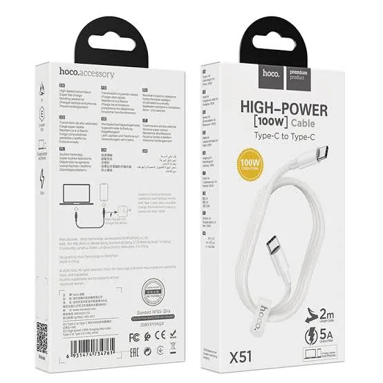 Кабель Type-C - Type-C Hoco X51 (5A, 100W, PD, 2 м) Белый