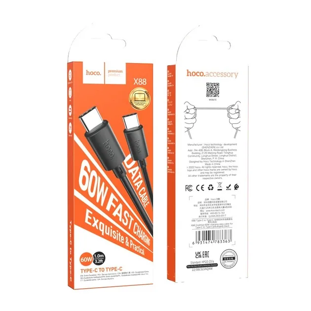 Кабель Type-C - Type-C Hoco X88 (5A, 60W) Черный