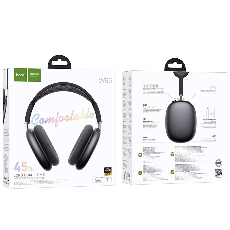 Гарнитура Bluetooth Hoco W65, полноразмерная, AUX, сменные амбушюры, серый