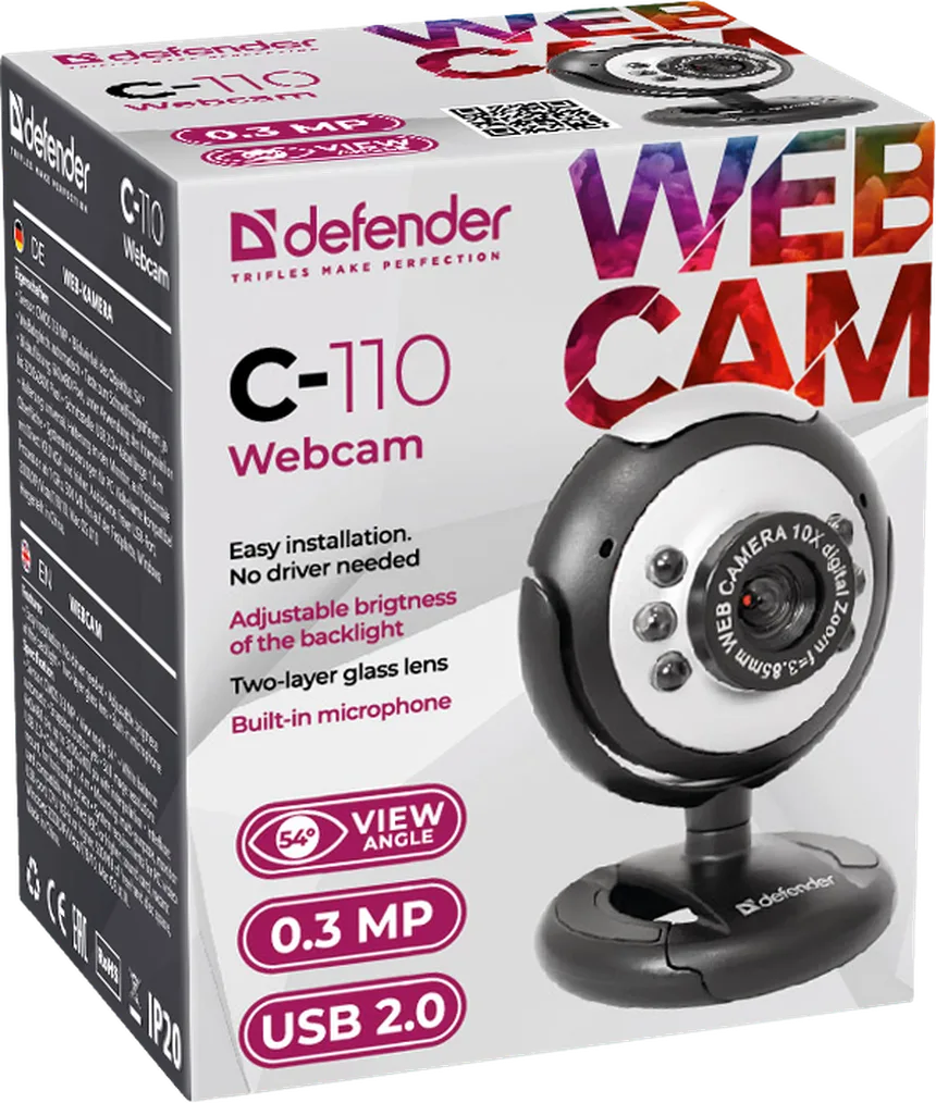 Web-камера Defender C-110 /сенс 0,3МП /фото /обзор 54°/встр. микр. / USB 2.0 + 3.5jack