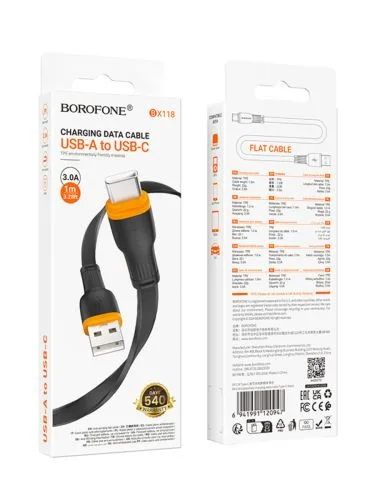 Кабель USB - Type-C Borofone BX118 (3A, плоский) Черный