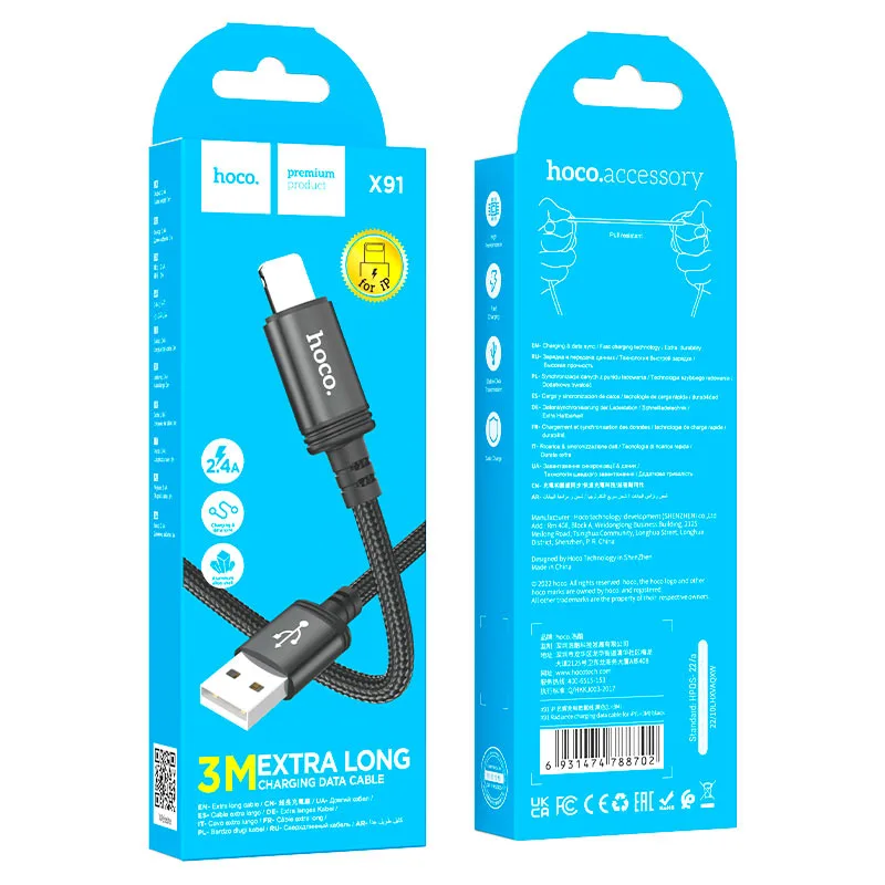 Кабель USB HOCO X91 Radiance USB - Lightning, 2.4А, 3 м, черный